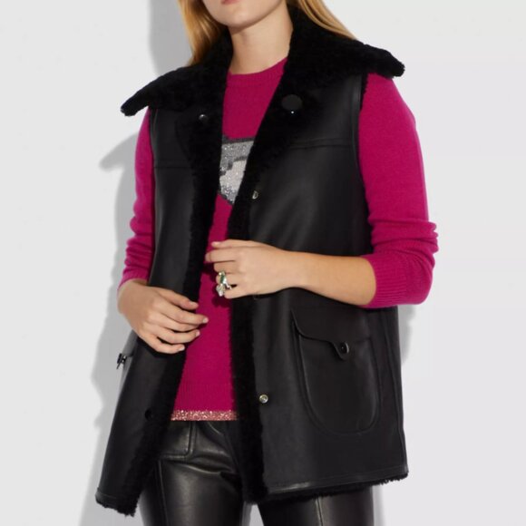 COACH Lamb Shearling Leather Reversible Snap Closure Black Vest Size M - Picture 1 of 10
